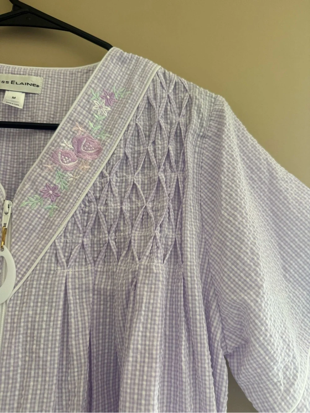 Miss Elaine Lilac Smocked V-Neck Zip sleep Dress nightgown robe pajamas medium
